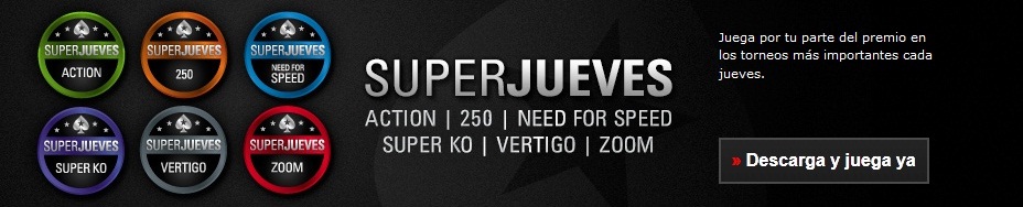 La sala de póker PokerStars tiene una oferta muy variada de torneos, registrate y participa en el torneo SuperJueves Action